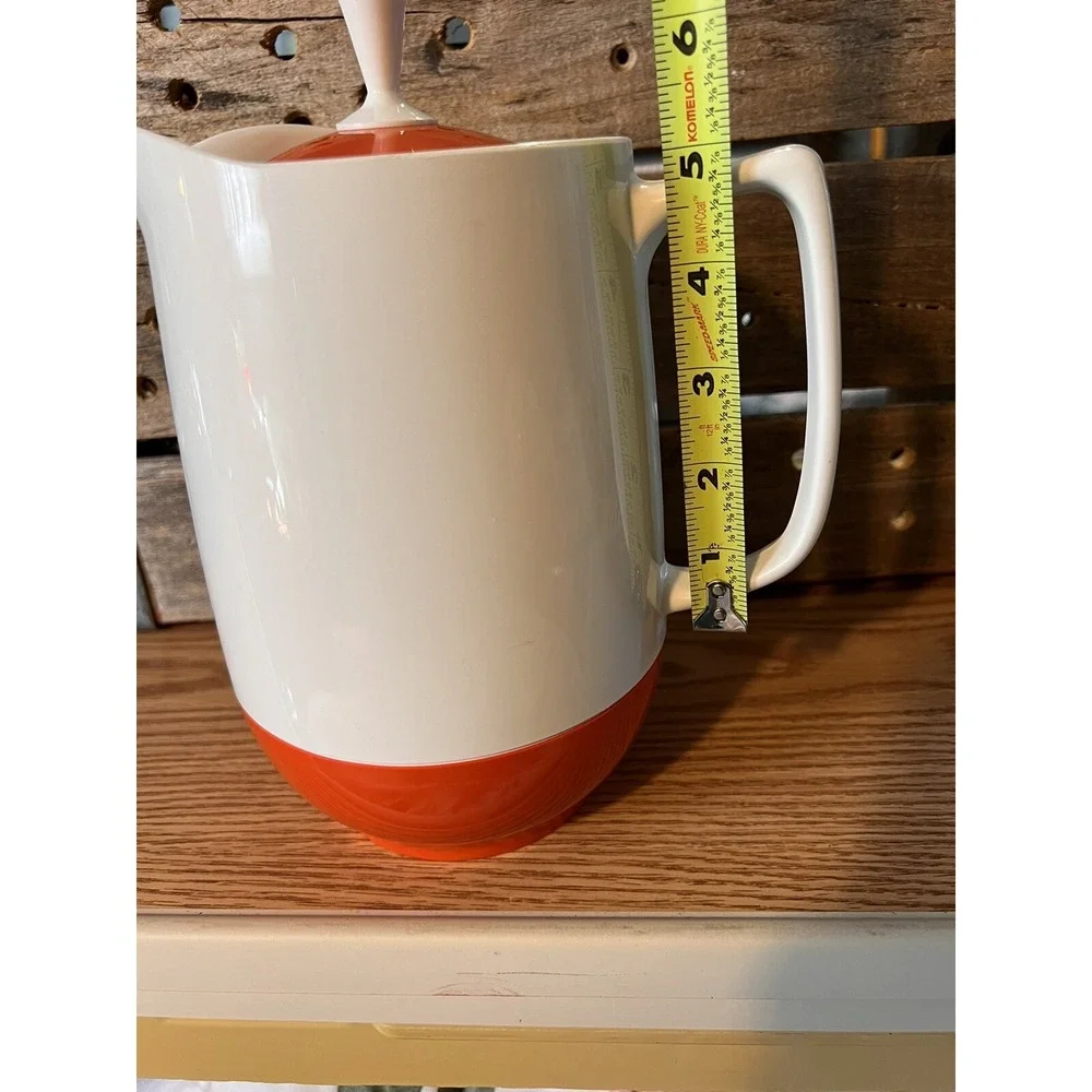 THERMOS VTG Mid Century INSULATED WARE White Orange Hot/Cold Pitcher Carafe Lid‎